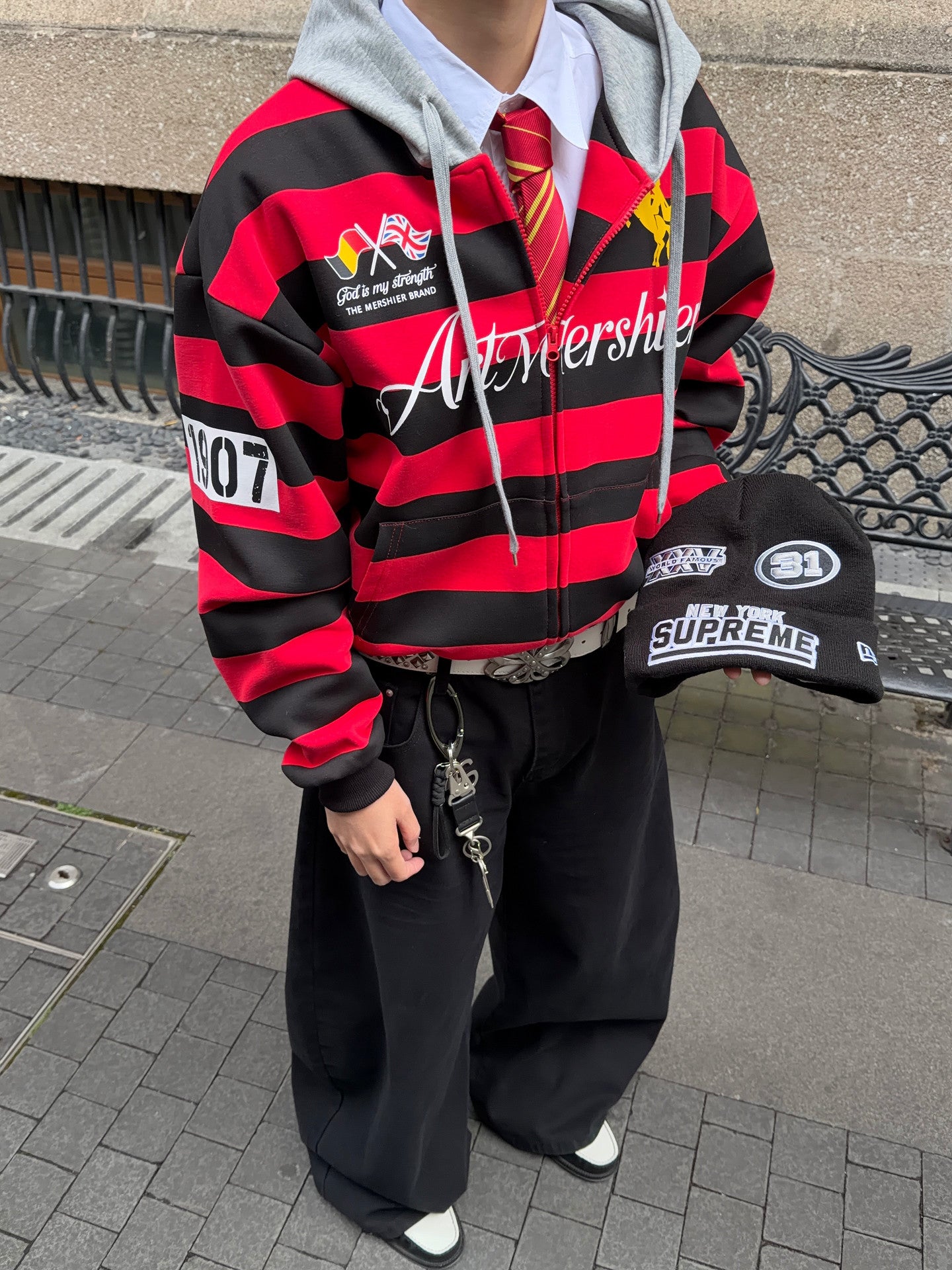 Stripe Graphic Logo Oversize Zipper Hoodie WN24403