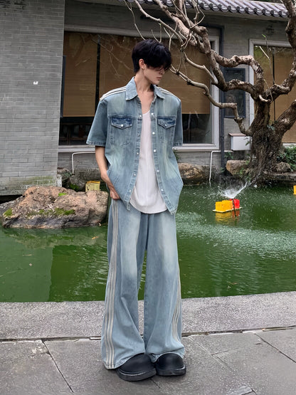 Washed Short Sleeve Denim Jacket & Side Stripe Washed Denim Jeans Setup WN19850