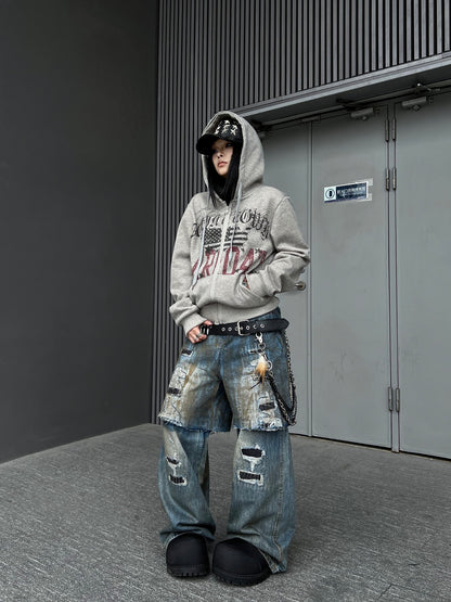 Damage Letter Print Fleece Lining Zipper Hoodie WN24208