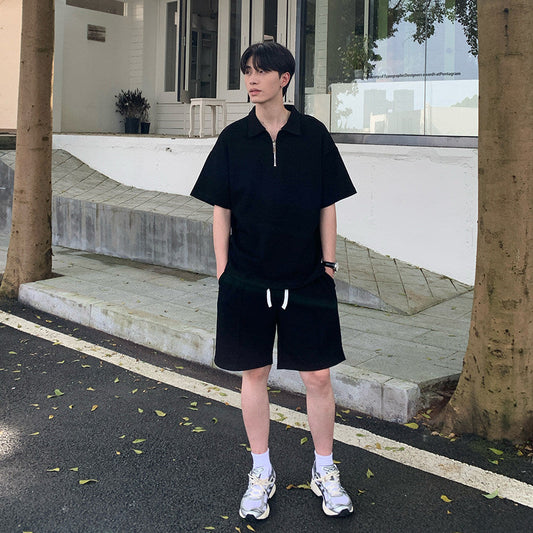 Half Zip Open Collar Short Sleeve T-Shirt & Half Pants Setup WN24906