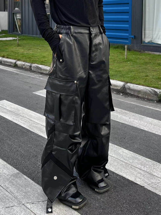 PU Leather Multi Pocket Wide Leg Cargo Pants WN24050