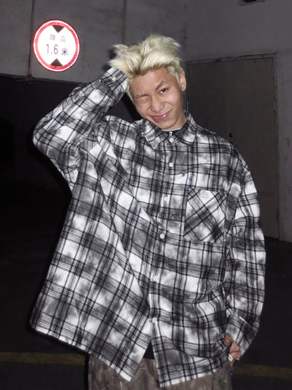 Plaid Washed Back Letter Print Long Sleeve Shirt WN27403