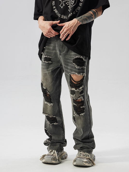 Washed Frayed Damage Straight Denim Jeans WN17519