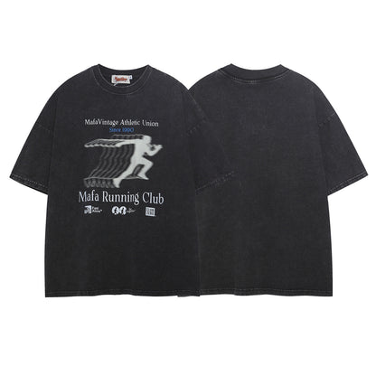 Washed Overlapping Figure Letter Print Short Sleeve T-Shirt WN26915
