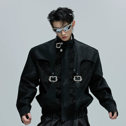 Crocodile Texture Standing-Collar PU Leather Jacket WN21752