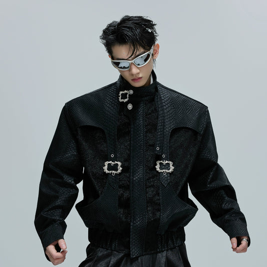 Crocodile Texture Standing-Collar PU Leather Jacket WN21752