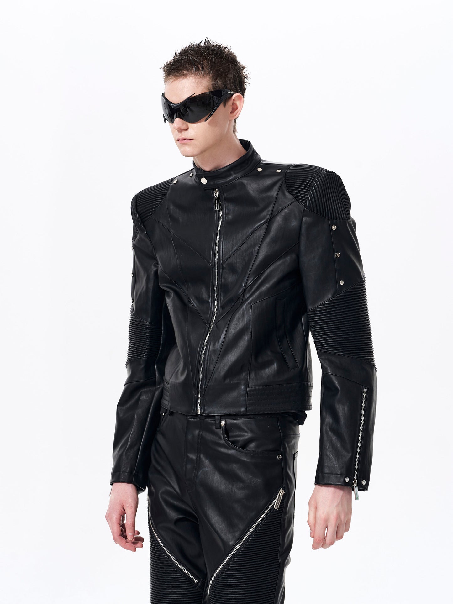 Apocalypse Knight Exoskeleton Stand Neck Leather Jacket & Flare pants Setup WN23281