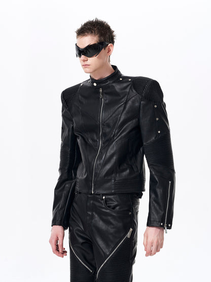 Apocalypse Knight Exoskeleton Stand Neck Leather Jacket & Flare pants Setup WN23281