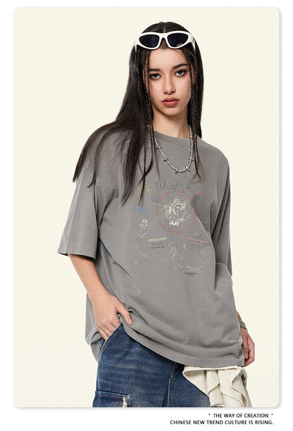 Washed Angel Print Round Neck Short Sleeve T-Shirt WN7833