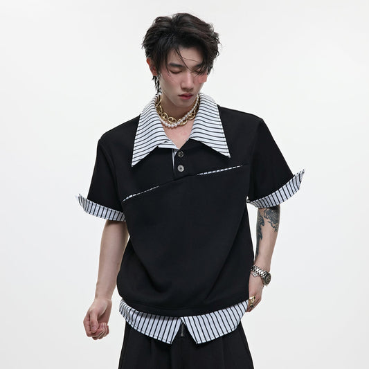 Stripe Fake Layered Short Sleeve Polo Short Sleeve T-Shirt WN18362