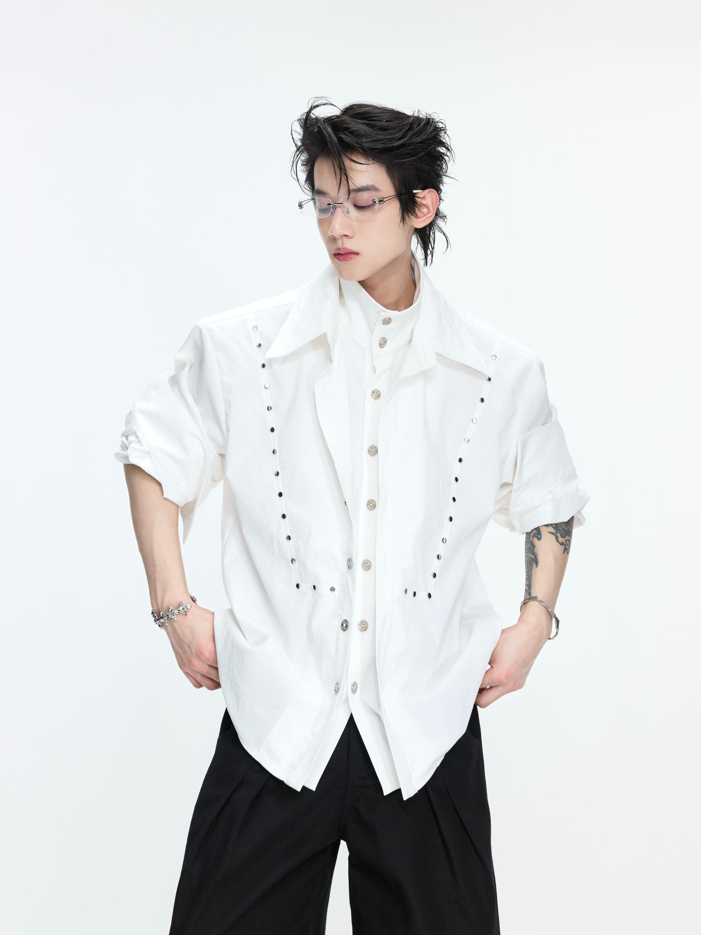 Fake Layered Stud Embroidery Oversize Long Sleeve Shirt WN26987