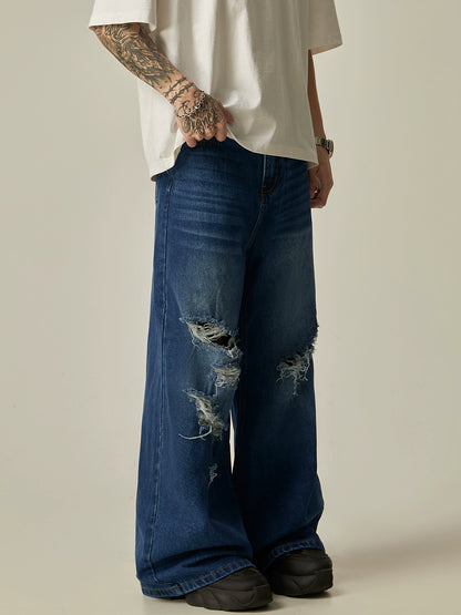 Damage Wide-Leg Straight Denim Jeans WN7762