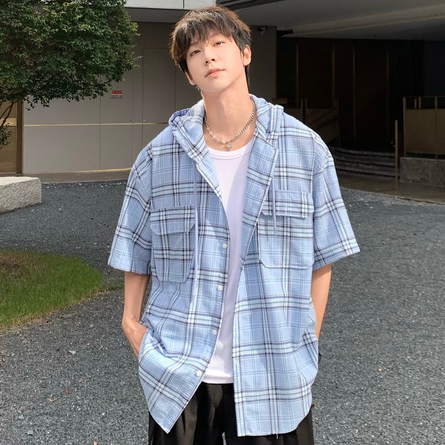 Plaid Hooded Short Sleeve Shirt WN25195