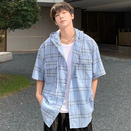 Plaid Hooded Short Sleeve Shirt WN25195