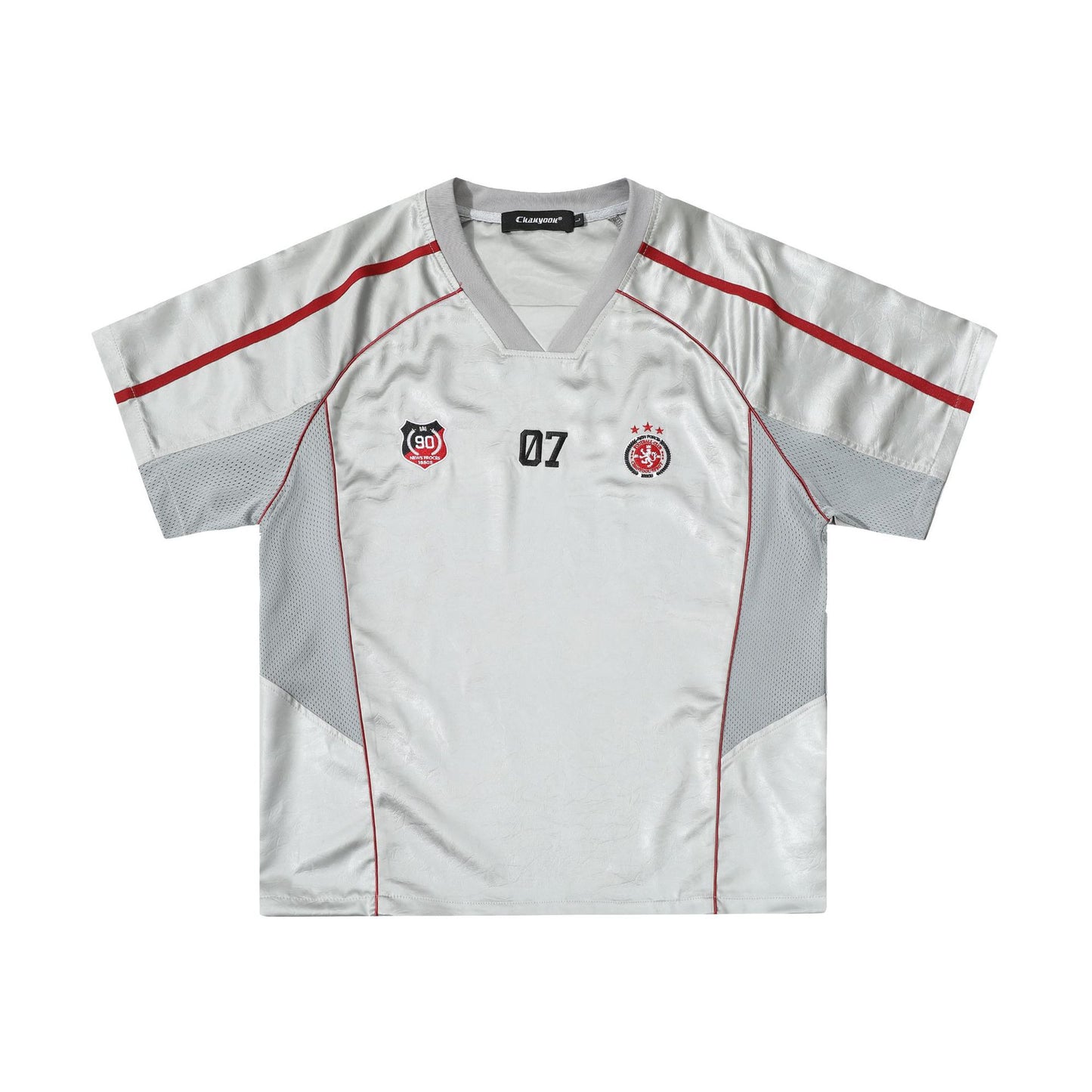 Chest Emblem PU Leather Stitching V-Neck Oversize Short Sleeve T-Shirt WN25655