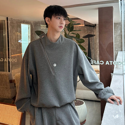 Button Drape Sweatshirt & Pleats Wide Leg Sweatpants Setup WN25206