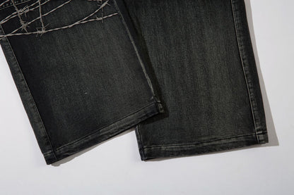 Cargo Pocket Embroidery Wide Leg Denim Jeans WN25718