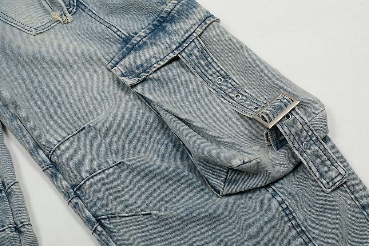 Washed Curved Multi Pocket Wide Leg Cargo Denim Jeans WN25736