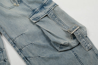 Washed Curved Multi Pocket Wide Leg Cargo Denim Jeans WN25736