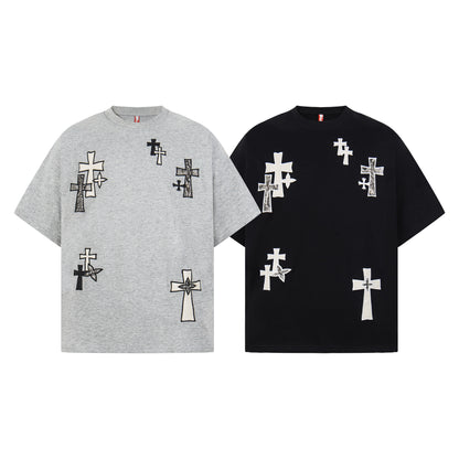 Cotton Cross Applique Embroidery Short Sleeve T-Shirt WN25577