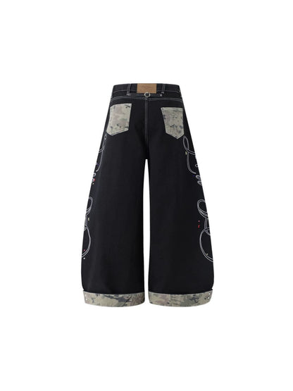 Camouflage Patchwork Letter Embroidery Rhinestone Wide Leg Denim Jeans WN27887