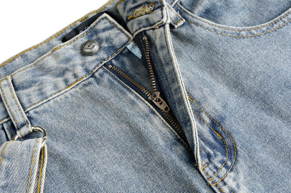 Bleached Cargo Pocket Wide Leg Denim Jeans WN27998