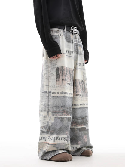 Newspaper Print Wide-Leg Straight Pants WN10510