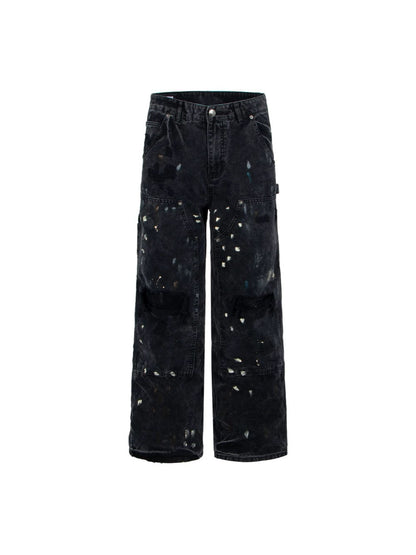 Paint Damage Cargo Straight Denim Jeans WN28093