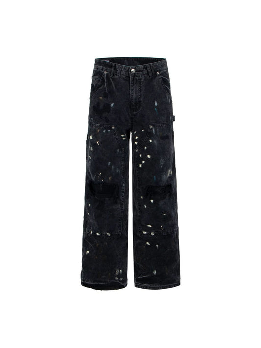 Paint Damage Cargo Straight Denim Jeans WN28093