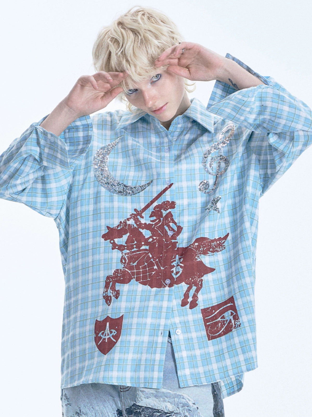 Don Quixote Print Sequin Embroidery Long Sleeve Shirt WN18993