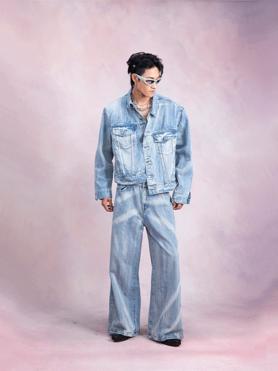 Washed Denim Jacket & Wide-Leg Straight Denim Jeans Setup WN9249