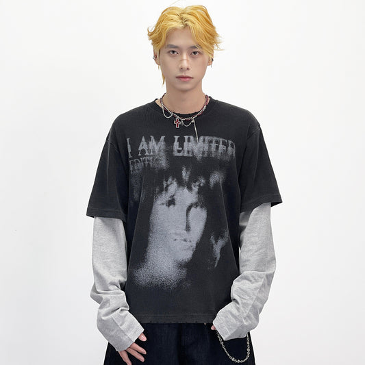 Fake Layered Portrait Print Damage Long Sleeve T-Shirt WN24281