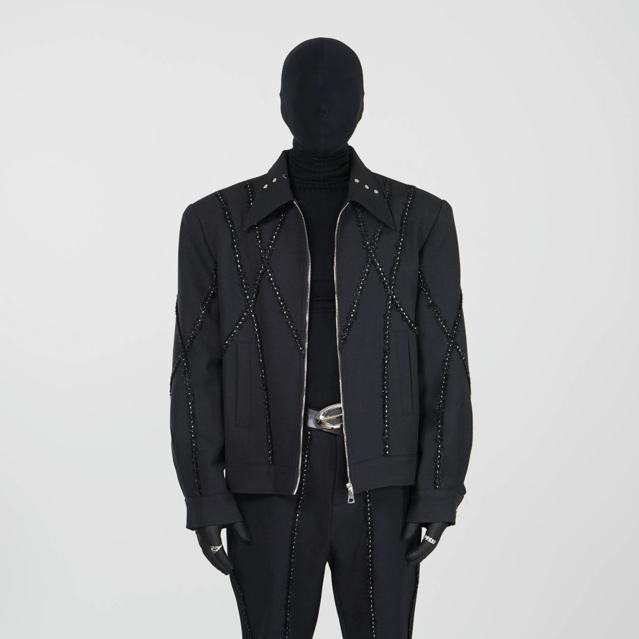 Rhinestone Zipper Jacket & Straight Flare Trousers Setup WN17350