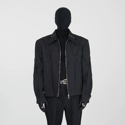 Rhinestone Zipper Jacket & Straight Flare Trousers Setup WN17350