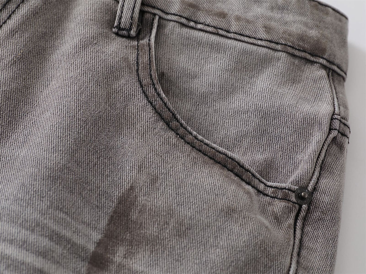 Dirty Washed Ripped Straight Leg Denim Jeans WN26829