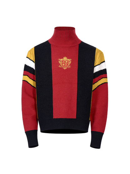 Badge Embroidery Colorblock High-Neck Knit Sweater WN22151