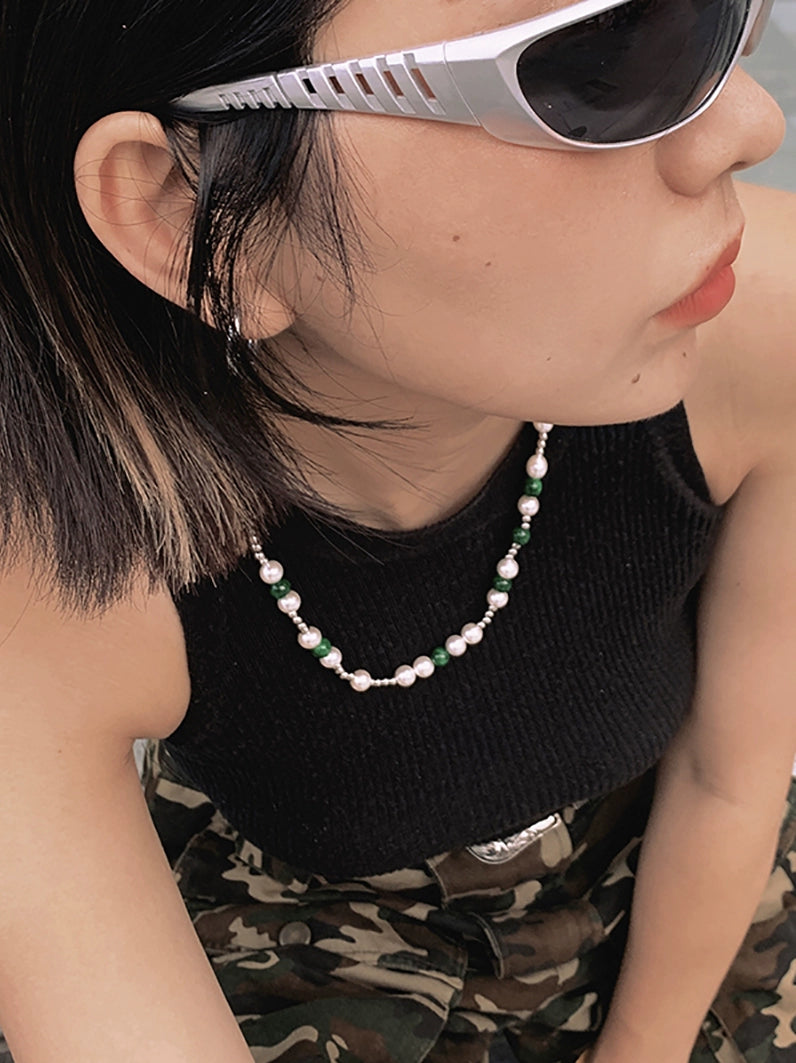 Pearl & Green Bead Necklace WN21139