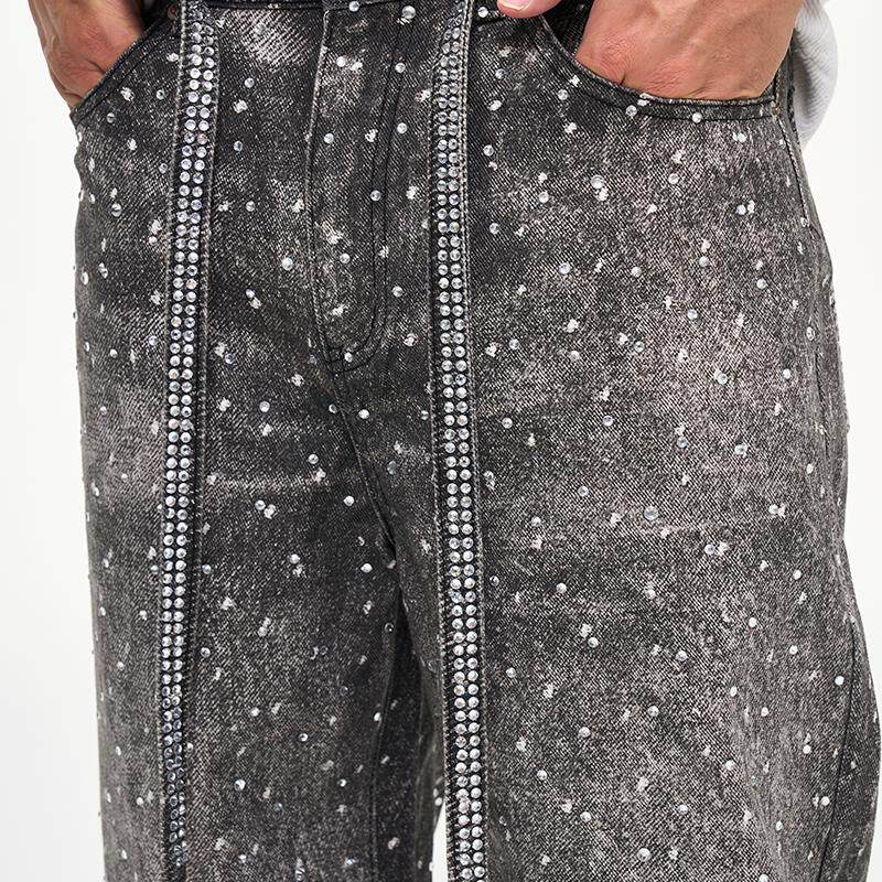 Rhinestone Print Wash Damage Straight Denim Jeans WN24352