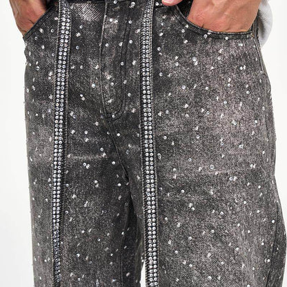 Rhinestone Print Wash Damage Straight Denim Jeans WN24352