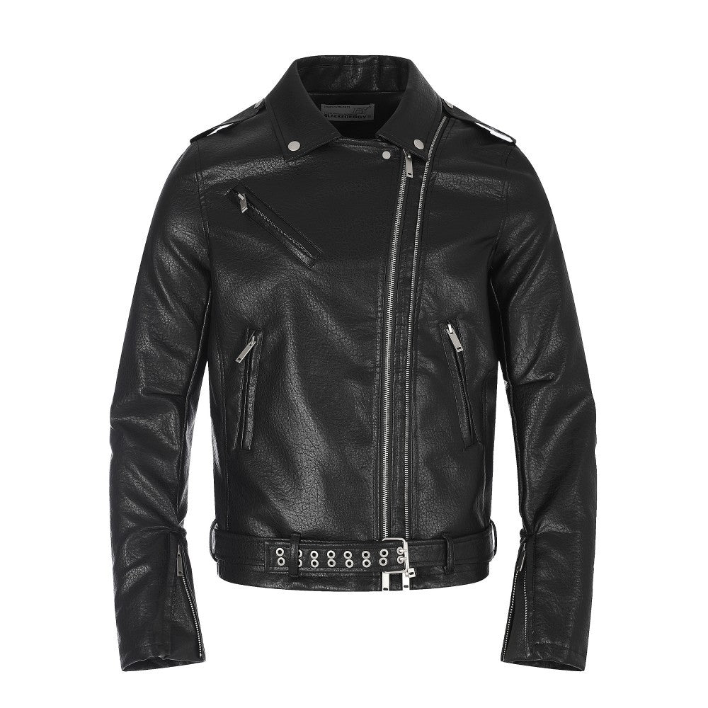 Diagonal Zipper Metal Stud Belt Short PU Leather Jacket WN27862