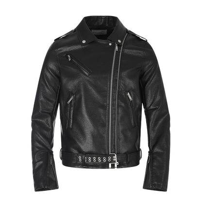 Diagonal Zipper Metal Stud Belt Short PU Leather Jacket WN27862