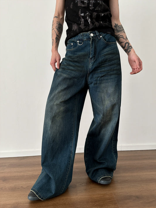 Washed Wide-Leg Straight Denim Jeans WN8869