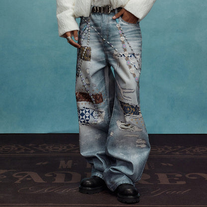 Chain Detail Ethnic Print Wide Leg Denim Jeans WN23243