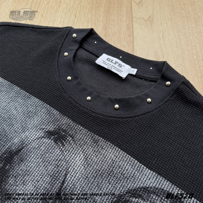 Studded Dark Portrait Graphic Waffle Oversize Short Sleeve T-Shirt WN26549