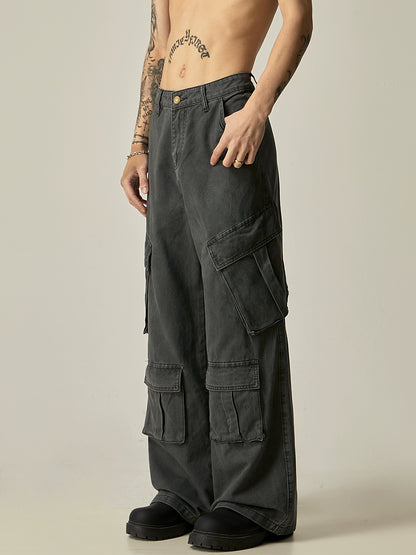 Washed Wide Leg Straight Cargo Pants WN8984