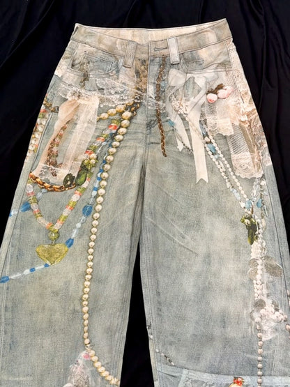 3D Print Washed Wide Leg Denim Jeans WN23038