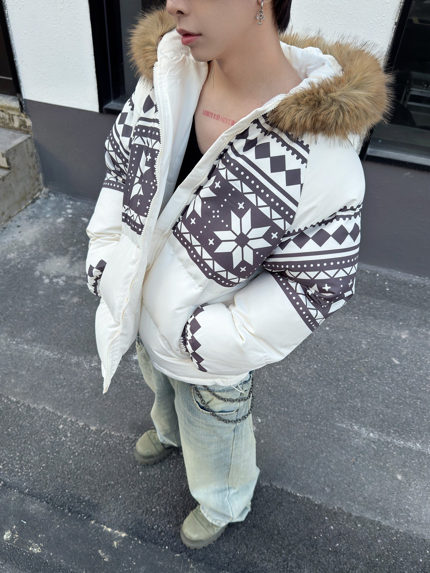 Fair Isle Lamb Fleece Fur Collar Hooded Puffer Jacket WN23010