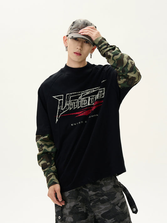 Camouflage Patchwork Fake Layered Long Sleeve T-shirt WN8418