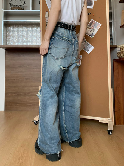 Raw Edge Wash Damage Wide Leg Denim Jeans WN19763