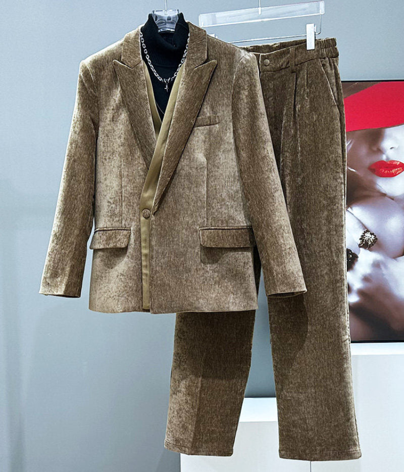 Corduroy Tailored Jacket & Wide-Leg Straight Trousers Setup WN23958